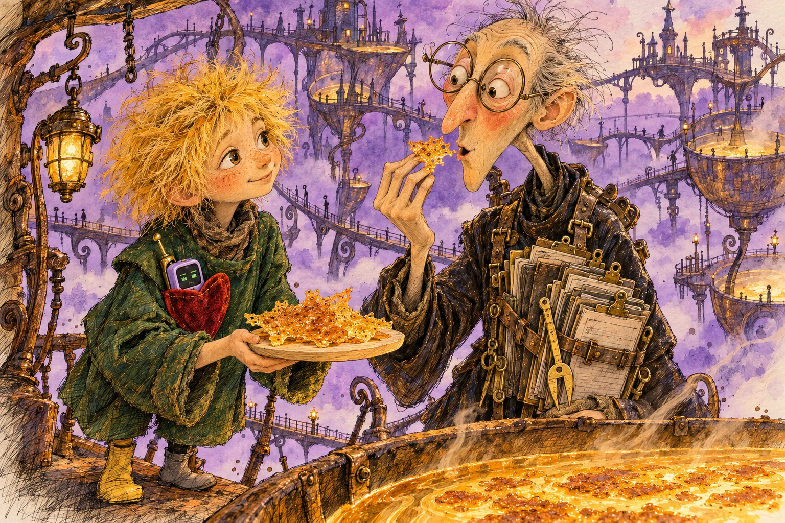 Grod tastes a delicate amber broth-crust offered by Ollie on a wooden saucer.
